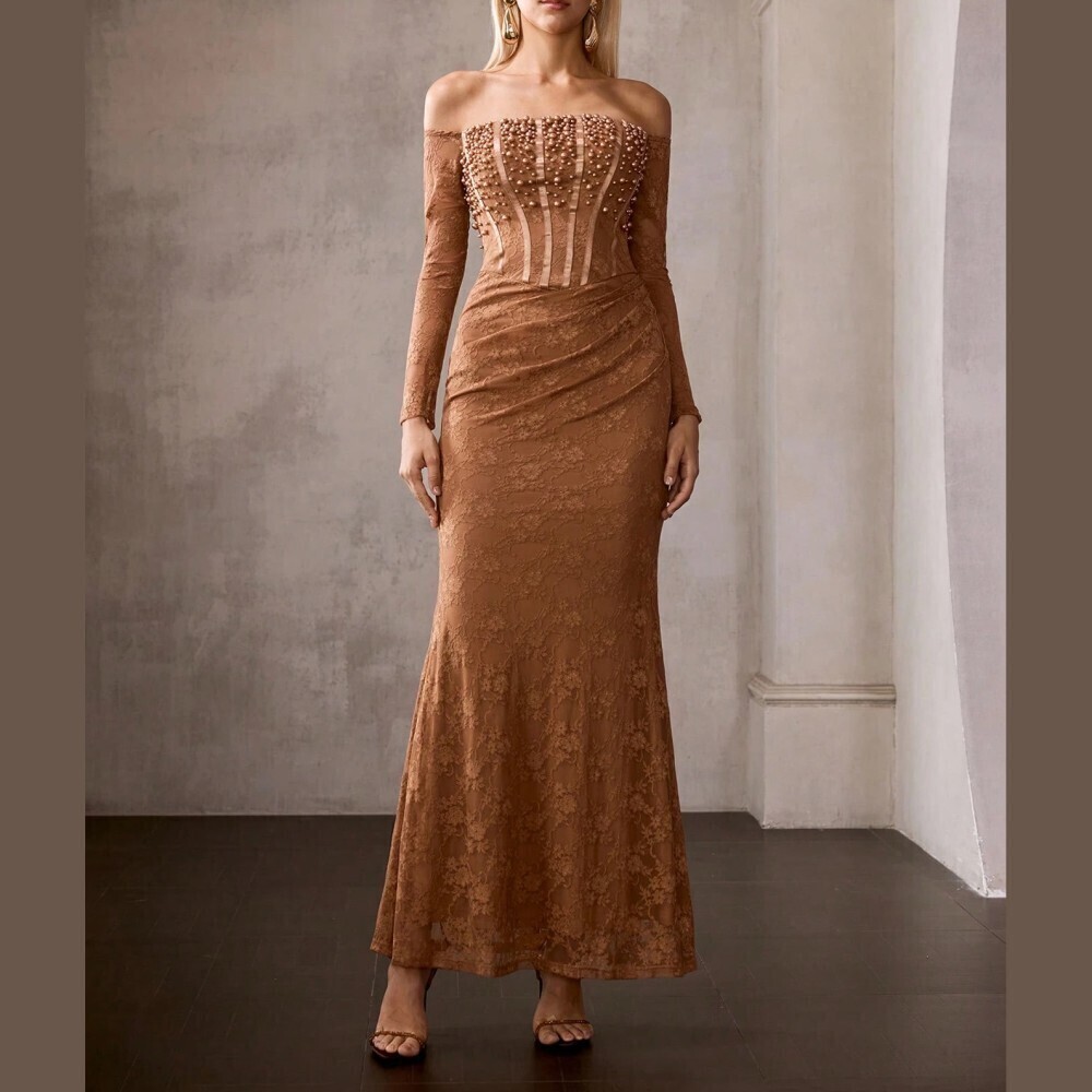 Brown Lace Pearl Bodice Off Shoulder Corset Mermaid Prom Gown Dress